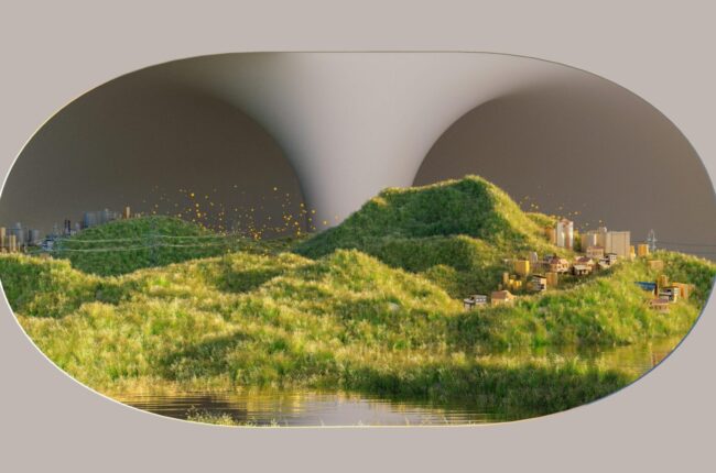 Surreal AI-rendered landscape blending nature with modern city elements.